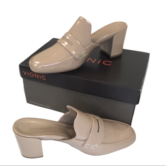 Vionic Shoes - Vionic Plaza Annabel Patent Leather Nude Mules 7.5